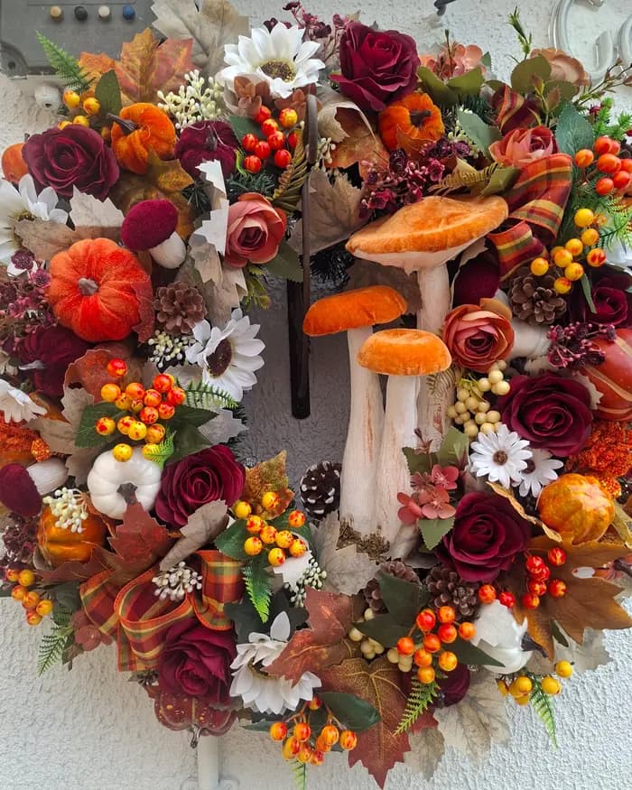 An autumn wreath with orange toadstools, berries, pumpkins and white daisies on a rendered wall.