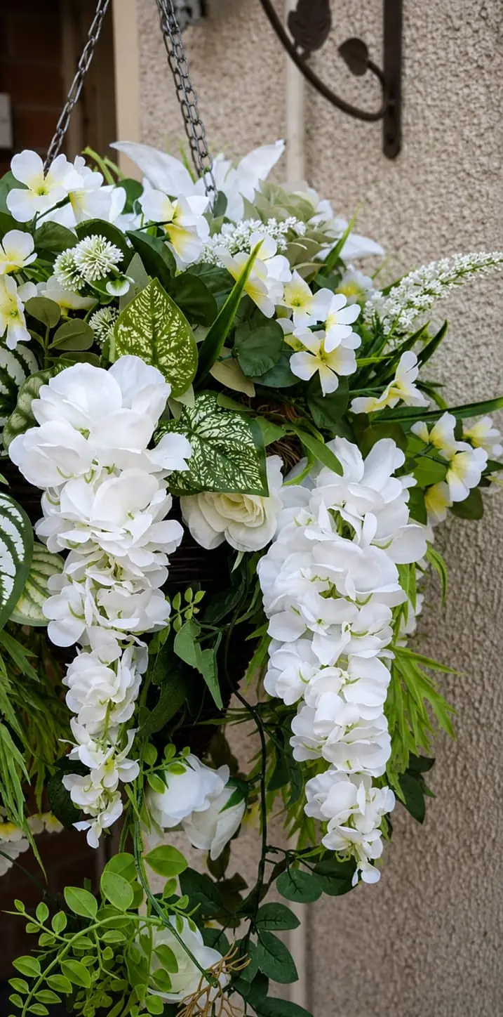 A wicker hanging basket of white hydrangeas, trailing wisteria and patterned green foliage, hanging beside a brick porch and front door.